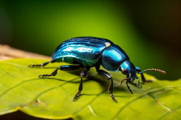 a close up of a blue beetle on a green leaf