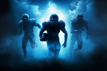 Silhouette of American football player running at night with light sky-blue and dark blue background