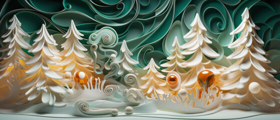 Elegant paper art winter landscape with festive swirls and a white Christmas tree.