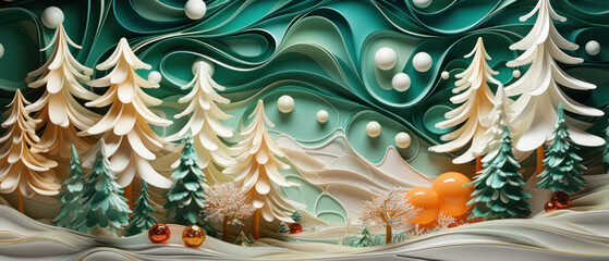 Elegant paper art winter landscape with festive swirls and a white Christmas tree.
