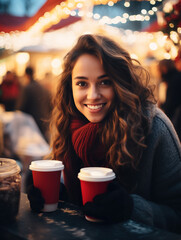 Young woman sitting at counter drinking coffee or mulled wine smiling looking at camera at Christmas market, outdoors Christmas fair, vertical photo