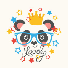 Panda with crown, stars, glasses, Lovely slogan text for t-shirt graphics, fashion prints, posters and other uses