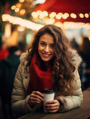 A photo of young woman on Christmas fair, holding paper cups with hot drink, coffee or mulled wine sitting at counter, outdoors Christmas market, young woman smiling looking at camera, winter clothing