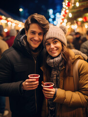 couple celebrating christmas on Christmas market on city square, young European woman and man holding cups with mulled wine, hot glintwine drinks hugging smiling looking at camera, Christmas fair