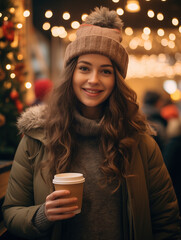 Young woman at Christmas market holding a cup with hot drink, coffee or mulled wine wearing winter outfit and knit hat, smiling looking at camera, vertical photo