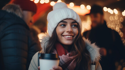 A Closeup photo of couple at Christmas market drinking hot drinks, smiling looking at camera holding paper cups with hot drinks, coffee or mulled wine, outdoors Christmas fair, crowd on background