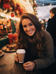 Closeup photo of young woman wearing winter outfit, knit hat holding a paper cup with hot drink, coffee or mulled wine, Christmas fair on background, horizontal photo, Christmas street market