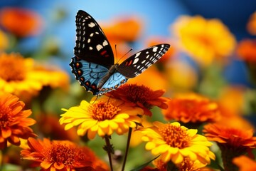 Obraz premium a butterfly flying over a field of flowers