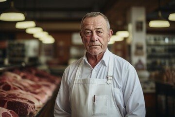 The man is a professional butcher. Profession concept. Portrait with selective focus and copy space - Powered by Adobe