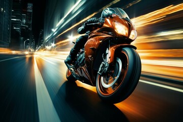 A motorcyclist races at speed on a motorcycle. Background with selective focus and copy space