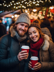 Couple at Christmas fair, young European woman and man holding paper cups with hot drinks with mulled wine or coffee on Christmas street market smiling looking at camera, vertical photo