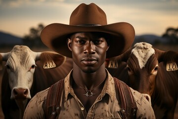 African American cowboy from the south on a farm. Portrait with selective focus and copy space