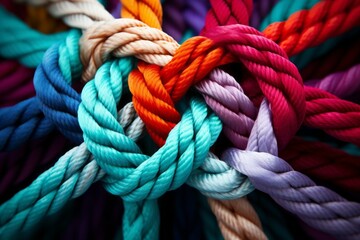 Different ropes are woven into a knot. Teamwork concept. Background with selective focus and copy space