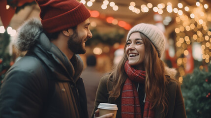 Young couple at Christmas fair, young woman and man wearing winter hats outfit smiling holding cups with hot drinks, outdoors city market on background
