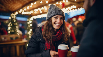 Young woman wearing winter outfit at Christmas fair, person holding a cup of coffee, hot drink in paper cup smiling looking at camera, horizontal photo, outdoors Christmas market