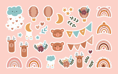Cartoon boho sticker collection in scandinavian style. Bohemian set illustration. Vector