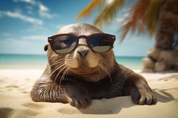 Fototapeta premium A seal wearing sunglasses is sunbathing on a sandy beach by the sea under the palms
