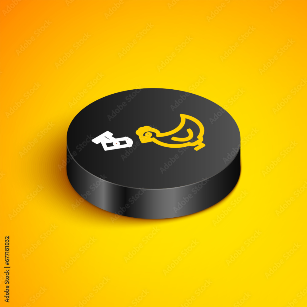 Poster isometric line chicken farm and wireless controlling cctv security camera icon isolated on yellow ba