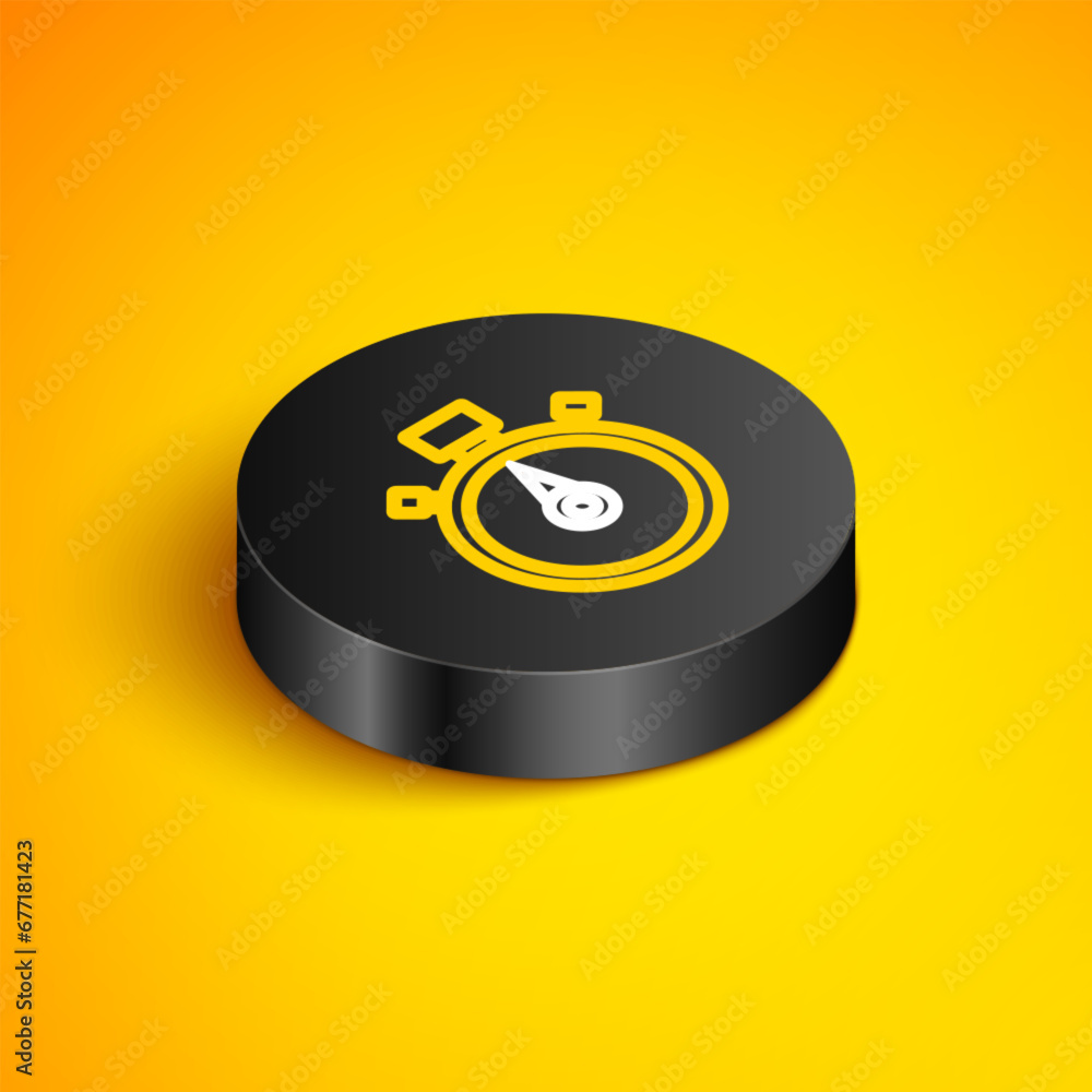 Poster isometric line stopwatch icon isolated on yellow background. time timer sign. chronometer sign. blac