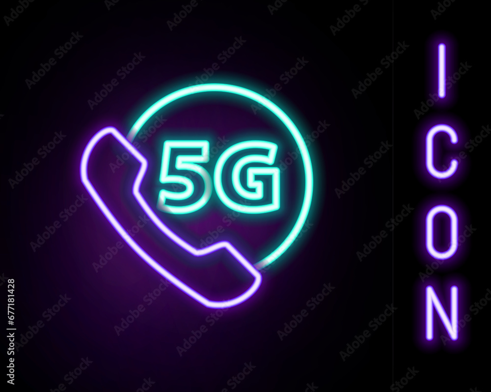 Poster glowing neon line phone with 5g new wireless internet wifi icon isolated on black background. global