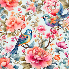 Obraz premium Watercolor Chinoiserie Floral Pattern, generative ai
