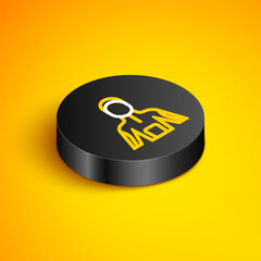 Isometric line Wetsuit for scuba diving icon isolated on yellow background. Diving underwater equipment. Black circle button. Vector