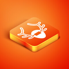 Isometric Deer antlers on shield icon isolated on orange background. Hunting trophy on wall. Vector