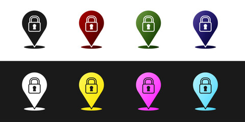 Set Location lock icon isolated on black and white background. The concept of the house turnkey. Vector