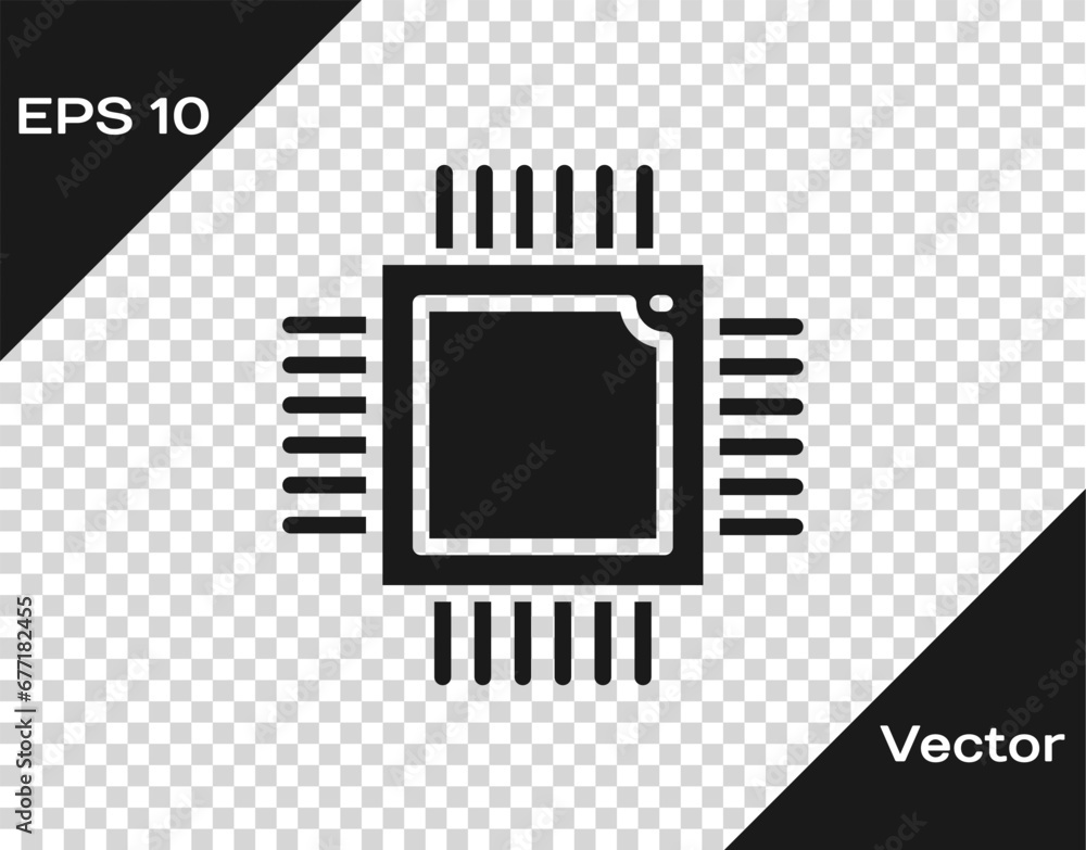 Poster black computer processor with microcircuits cpu icon isolated on transparent background. chip or cpu