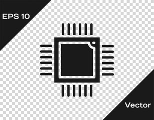 Black Computer processor with microcircuits CPU icon isolated on transparent background. Chip or cpu with circuit board. Micro processor. Vector