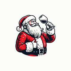 Vintage Hand-Drawn Illustration of Santa Claus Enjoying Drink