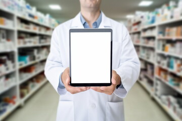 pharmacist hand hold digital tablet in pharmacy - Powered by Adobe
