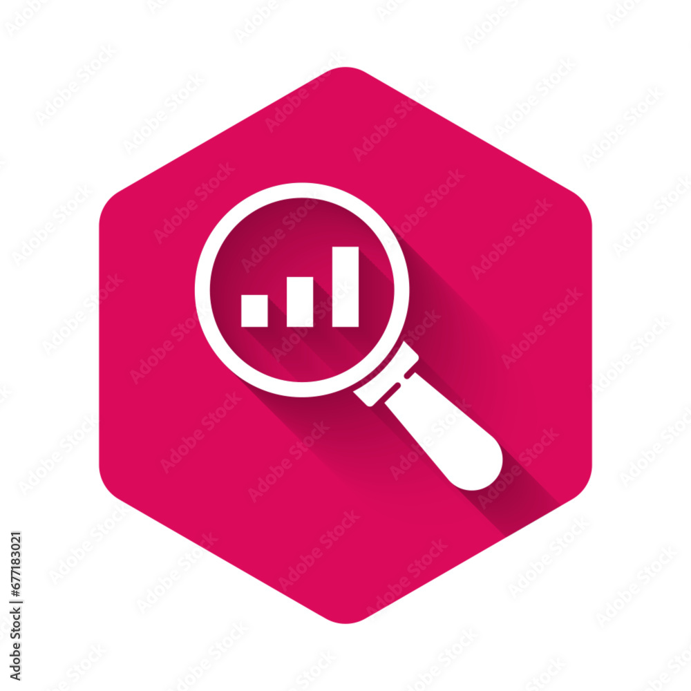 Poster white magnifying glass and data analysis icon isolated with long shadow. pink hexagon button. vector