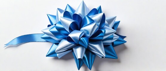 Big blue star gift bow ribbon on plain white background from Generative AI