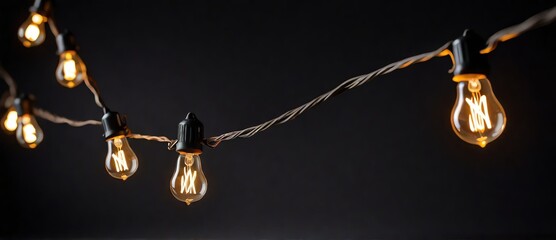 Outdoor string bulb lights hanging on plain black background from Generative AI