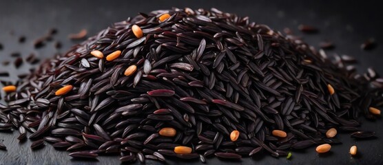 Pile of black rice on plain black background from Generative AI