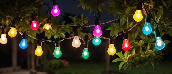 Naklejka premium Outdoor string colorful bulb lights hanging on tree in the garden at night from Generative AI