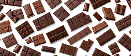 Pile of chocolate bars on plain white background from Generative AI