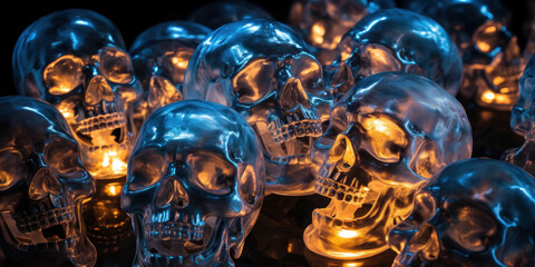 Macabre display of illuminated skulls.