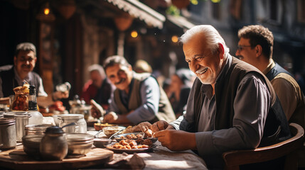 Photo of a company of company of elderly men participating in a Turkish feast with an abundance of traditional Turkish sweets, at a rustic cafe - obrazy, fototapety, plakaty