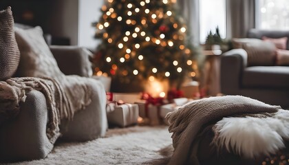 
Beautifully wintry and cozy living room with a decorated Christmas tree, cozy blankets and pillows, warm light