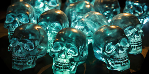 Mystic blue skulls shine in darkness.