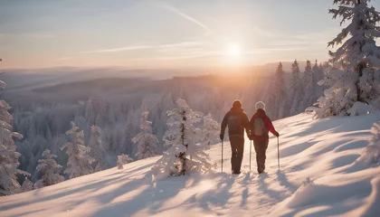 Poster People hiking in snowy mountains during winter season. Sunset, winter season © holdstillandclick