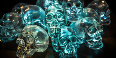 Mystic blue skulls shine in darkness.