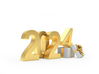 Golden number of the New Year 2024 in a gift box. 3D illustration