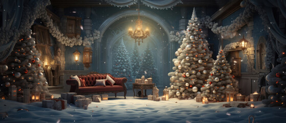 Cozy Christmas scene with festive trees, warm candlelight.