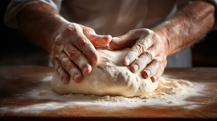 Fototapeta premium Unrecognizable young man kneading dough on wooden table. Males hands making bread on dark background. Selective focus.