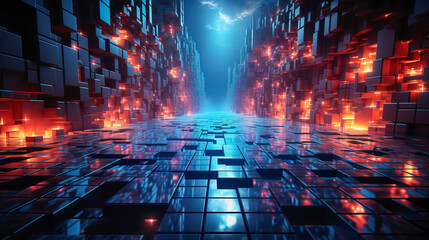 Illuminated Data Blocks in the Ethereal Alleyway of Information - an ethereal alleyway within a digital metropolis, where towering walls of data blocks glow with an inner fire.  - obrazy, fototapety, plakaty
