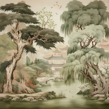 Chinoiseries weeping tree chinese painting style graphic drawing