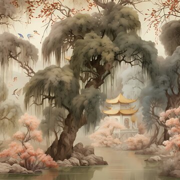 Chinoiseries weeping tree chinese painting style graphic drawing